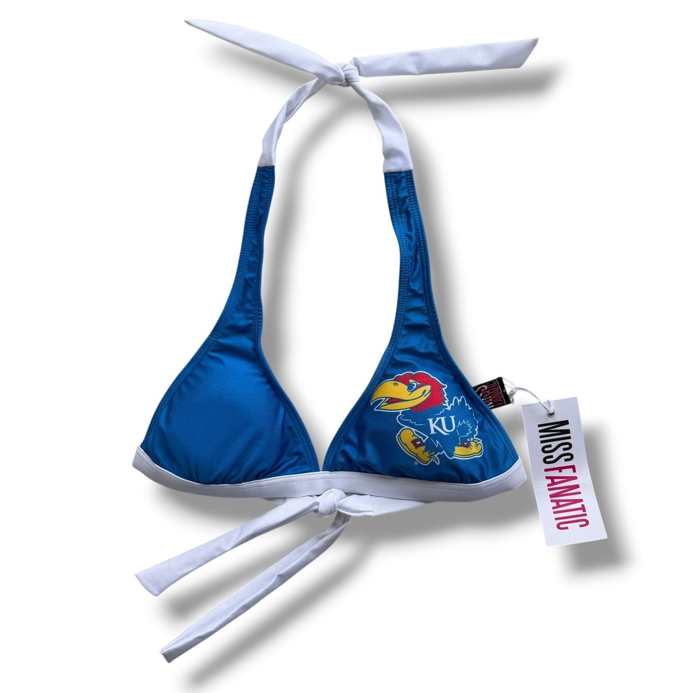 Miss Fanatic S Blue White Kansas Jayhawks KU Halter Triangle Bikini Swim Top Fun
